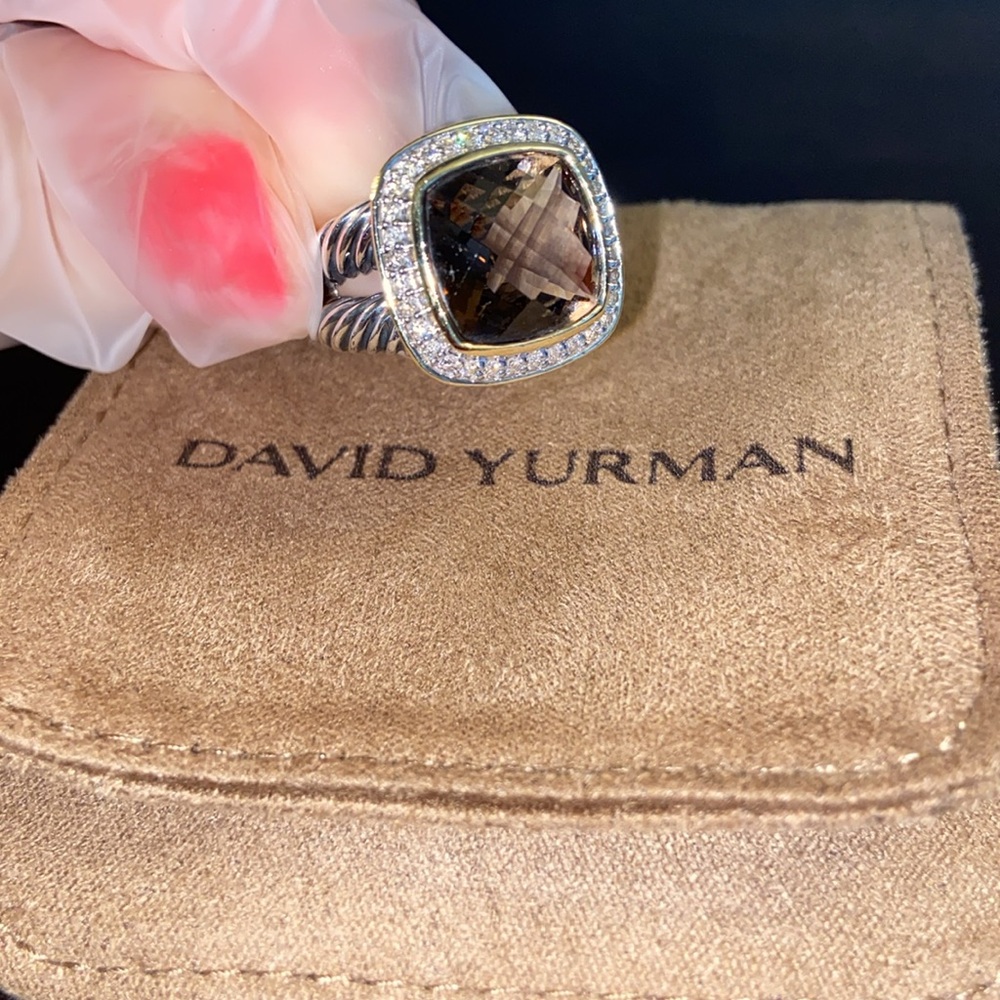 David Yurman Smoky Quartz Albion Ring Diamonds Silver 18K Yellow Gold 11MM sz 6